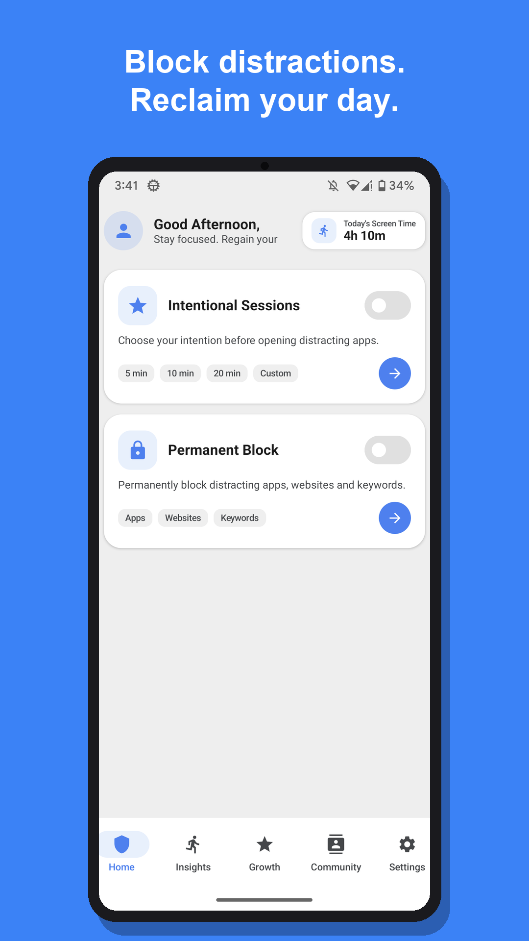 GoFree home screen with focus tools